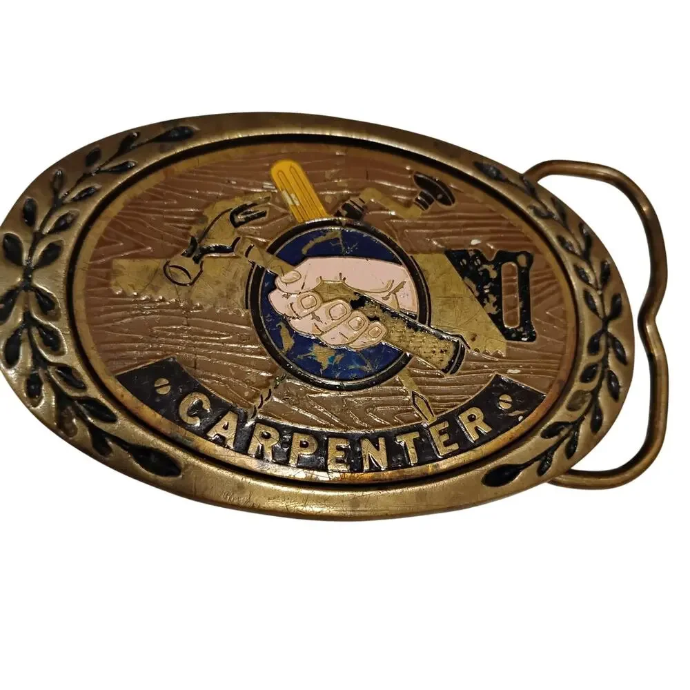 Vintage Carpenter Emblem Hammer Saw Skrew Driver Hand Solid Brass Belt Buckle